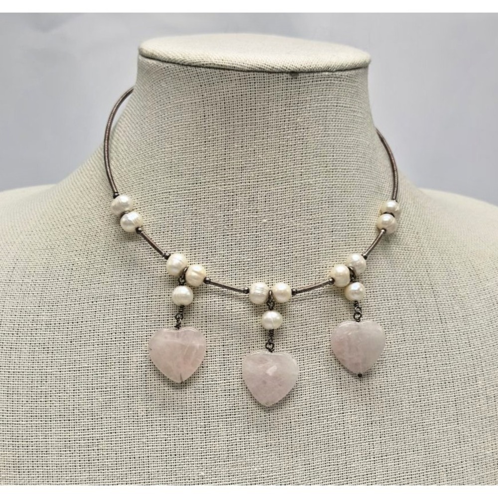 Vintage Pearl & Rose Quartz Choker  Y2K Necklace Silver Tone Memory Wire Dangle